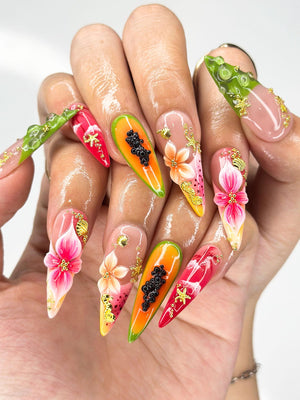 3D Tropical Papaya & Ocean Nails | Summer Starfish Seahorse Press Ons | Juicy Fruit Botanical Luxury Stiletto Art | OB368IC