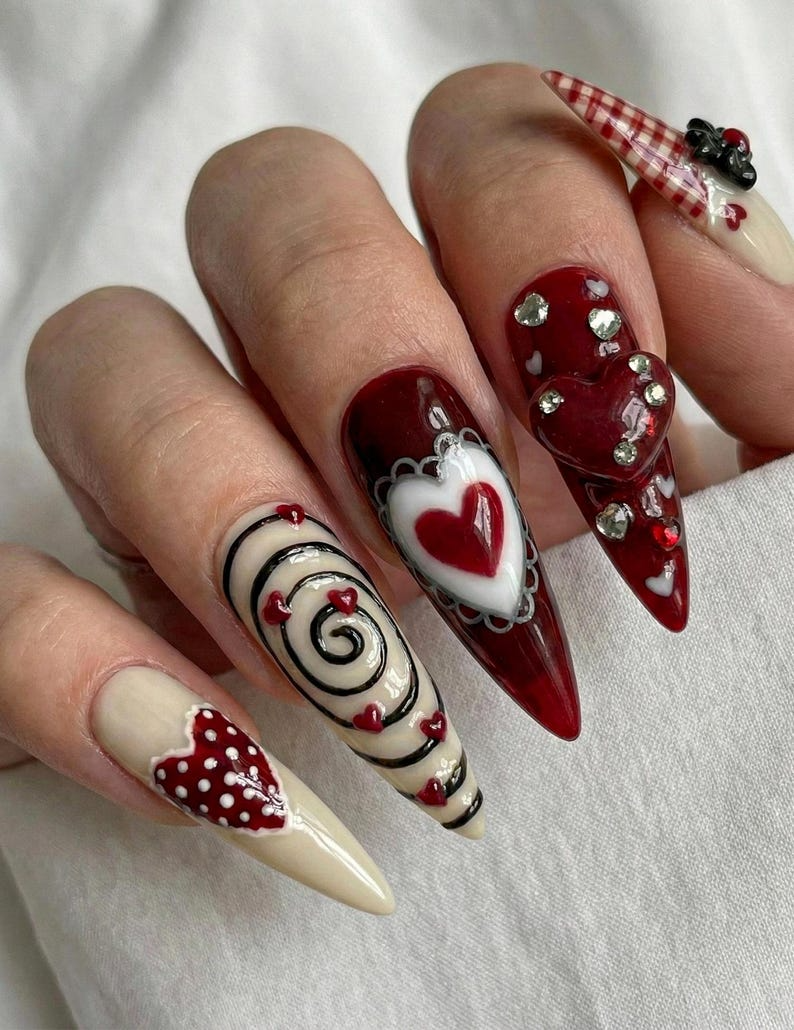 Nail Tabs for Press On Nails – Cherry Heart Teddy Gingham Nude Red Valentine Nails | OB23L