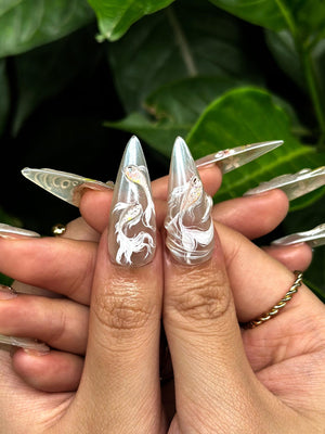 Ethereal Floral Press On Nails | Pearl Chrome Stiletto Nails | 3D White Flower Nails | Luxury Bridal Nails | Elegant Handmade Nail| OB1296NC