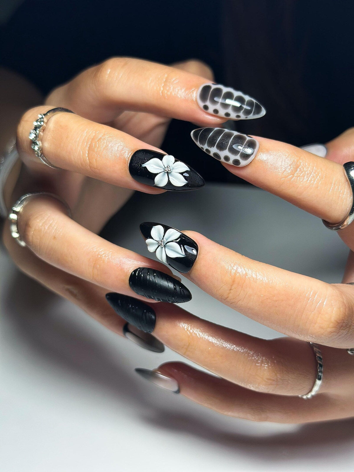 3D Monochrome Flora Nails | Reptile Print & Velvet Knit Press Ons | Luxury Gothic Minimalism Stiletto Art | OC1343IC