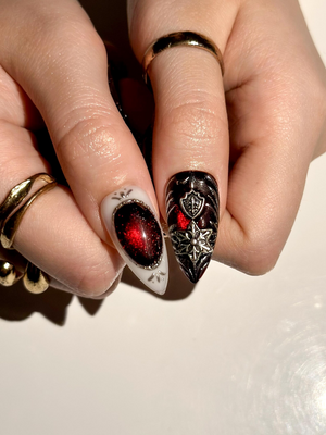 Gothic Rose Black Press On Nails | Dark Red Black Luxury Nail Art | Baroque Armor Stiletto Nails | Handmade Gothic Statement Nails| OB1286EC