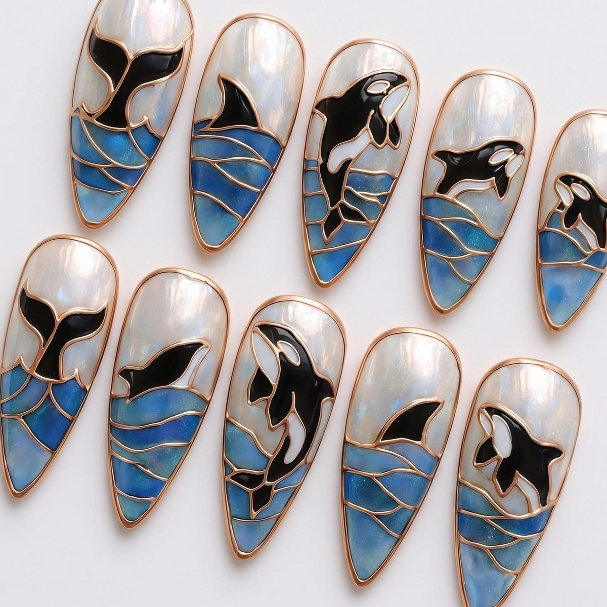 Ocean Press On Nails Summer, Shark and Orca Nail Art Handmade Marine Life Nails Coastal Stiletto Nail Set | OB419L
