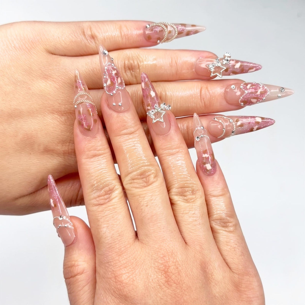 Leopard Print Press On Nails | Luxury Gyaru Y2K Stiletto Nails | Silver Star Chain Heart Fake Nails | OB405LK