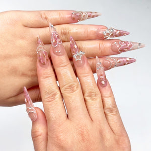 Leopard Print Press On Nails | Luxury Gyaru Y2K Stiletto Nails | Silver Star Chain Heart Fake Nails | OB405LK