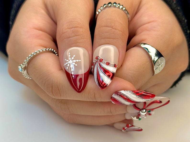 Christmas Candy Cane Press On Nails by DoryNails | Red Chrome Bow & Snowflake Nail Art | Holiday Party Nails | Gift for Her | OB1188BC
