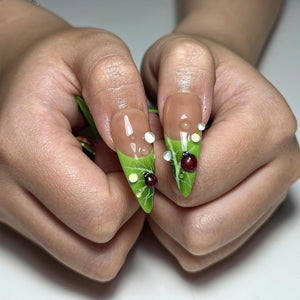 Green Floral Press On Nails with Ladybug and Pearl | 3D Nature Nails in Long Almond | Handmade Spring Nails for Wedding, Vacation | OB330N