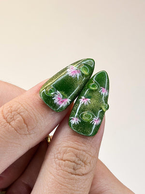 3D Koi Pond & Pink Lotus Press On Nails | Zen Garden Art | Luxury Moss Green Shimmer Stiletto Nails | Water Droplet Nail Art | OB387IC