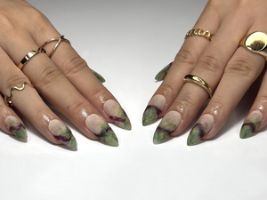 Mystic Jade Marble Press On Nails | Natural Stone-Inspired Nail Art | Elegant Green & Burgundy Veins | Unique Gemstone Press Ons | OB1059EC