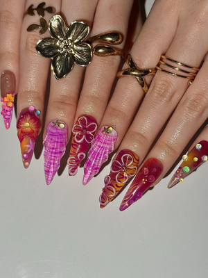 Midnight Sun Aesthetic Press On Nails, 3D Purple Seashell and Hibiscus Floral Nails, Maximalist Tropical Y2K Luxury Fake Nails, OB1287HK