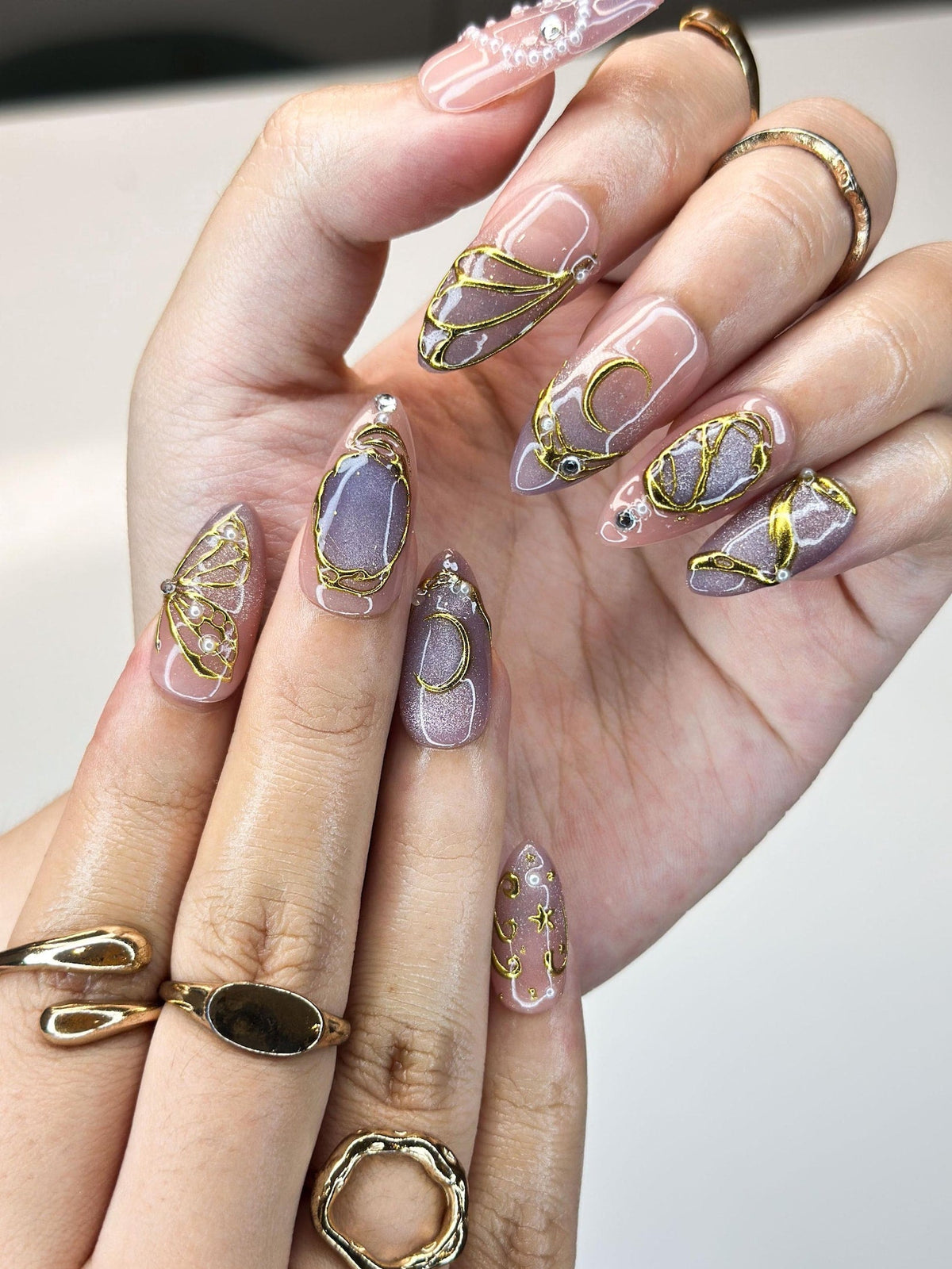 Luxury Purple Cat-Eye Nails | 3D Golden Butterfly & Moon Press Ons | Mystic Celestial Pearl Stiletto Art | Fairy Nails | OB1339IK