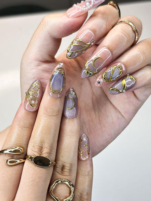 Luxury Purple Cat-Eye Nails | 3D Golden Butterfly & Moon Press Ons | Mystic Celestial Pearl Stiletto Art | Fairy Nails | OB1339IK