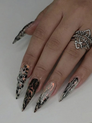Press On Nails Adhesive Tabs – Black Silver Chrome Abstract Art Long Stiletto Handmade Fake Nails for Gothic Futuristic Look | OB2L