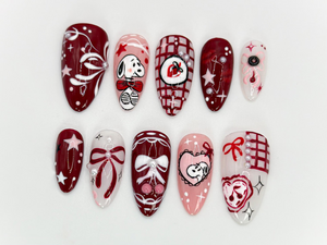 Snoopy-Inspired Red Press On Nails | Unique Hand-Painted Snoopy Design | Charming Stars and Bows Nail Set | Artistic Handmade Nail | OB566HK