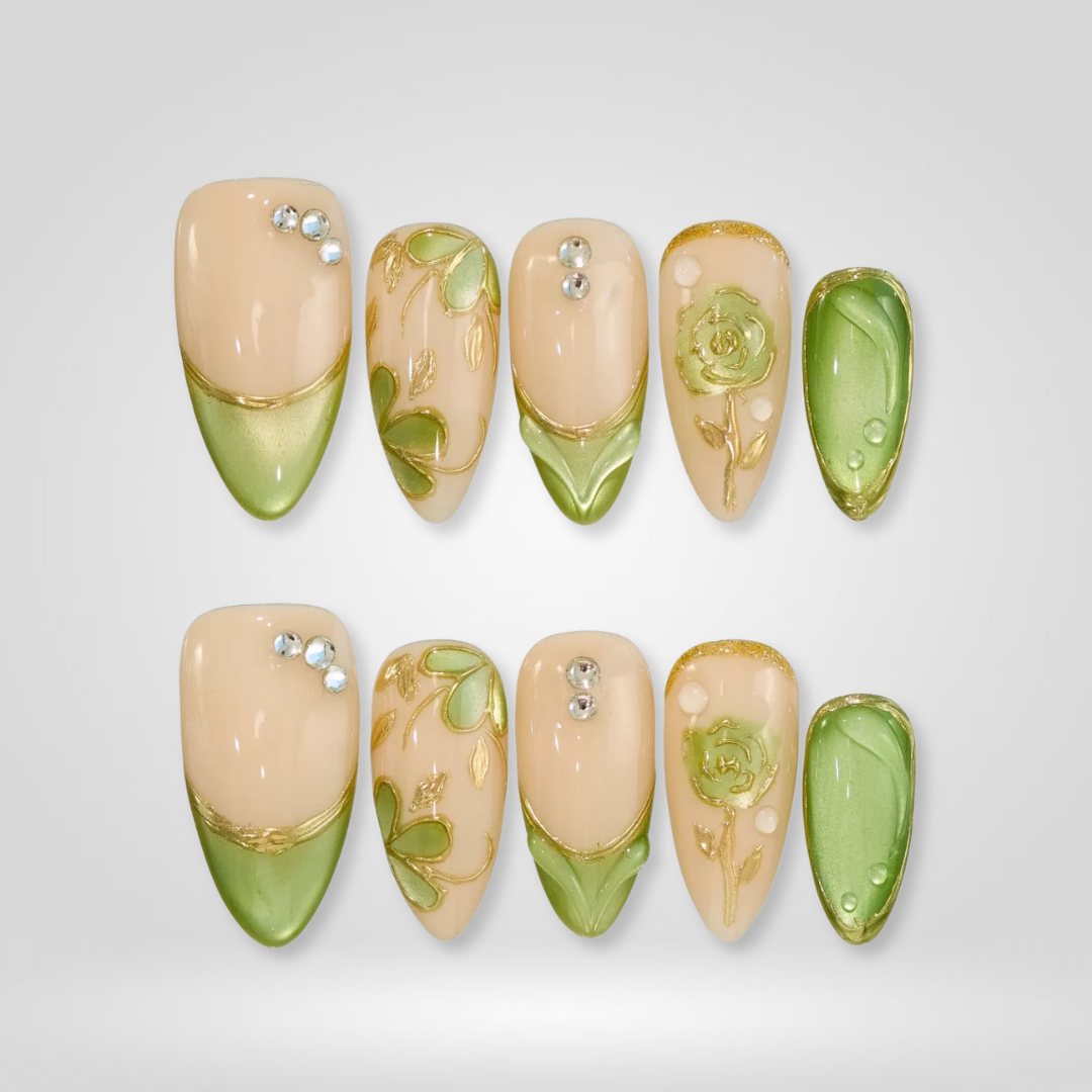 Pistachio Bloom Floral Press-On Nails - Aninail