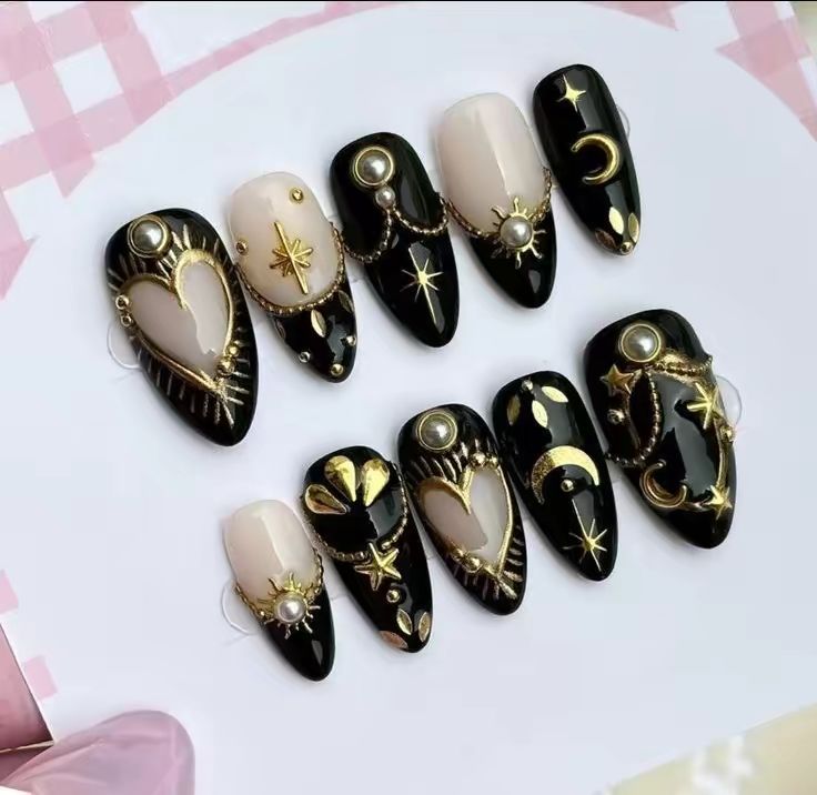 Black Celestial Nails, Gold Moon & Star Gothic Press-On Set