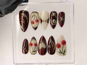 Luxury Red Cherry Press On Nails | Vibrant Luxurious Hand-Painted Star, Bow Acrylic Nail Art | Holiday, Christmas Kawaii Nails | OC551AL