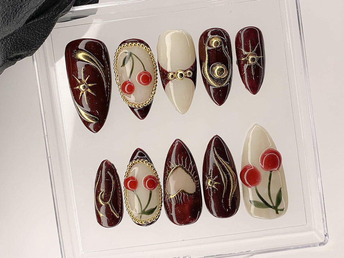 Luxury Red Cherry Press On Nails | Vibrant Luxurious Hand-Painted Star, Bow Acrylic Nail Art | Holiday, Christmas Kawaii Nails | OC551AL