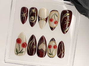 Luxury Red Cherry Press On Nails | Vibrant Luxurious Hand-Painted Star, Bow Acrylic Nail Art | Holiday, Christmas Kawaii Nails | OC551AL