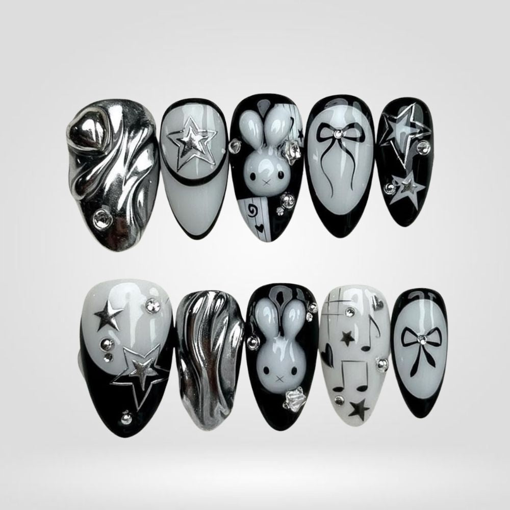 Silver Bunny Bow Y2K Press-On Nails - Aninail