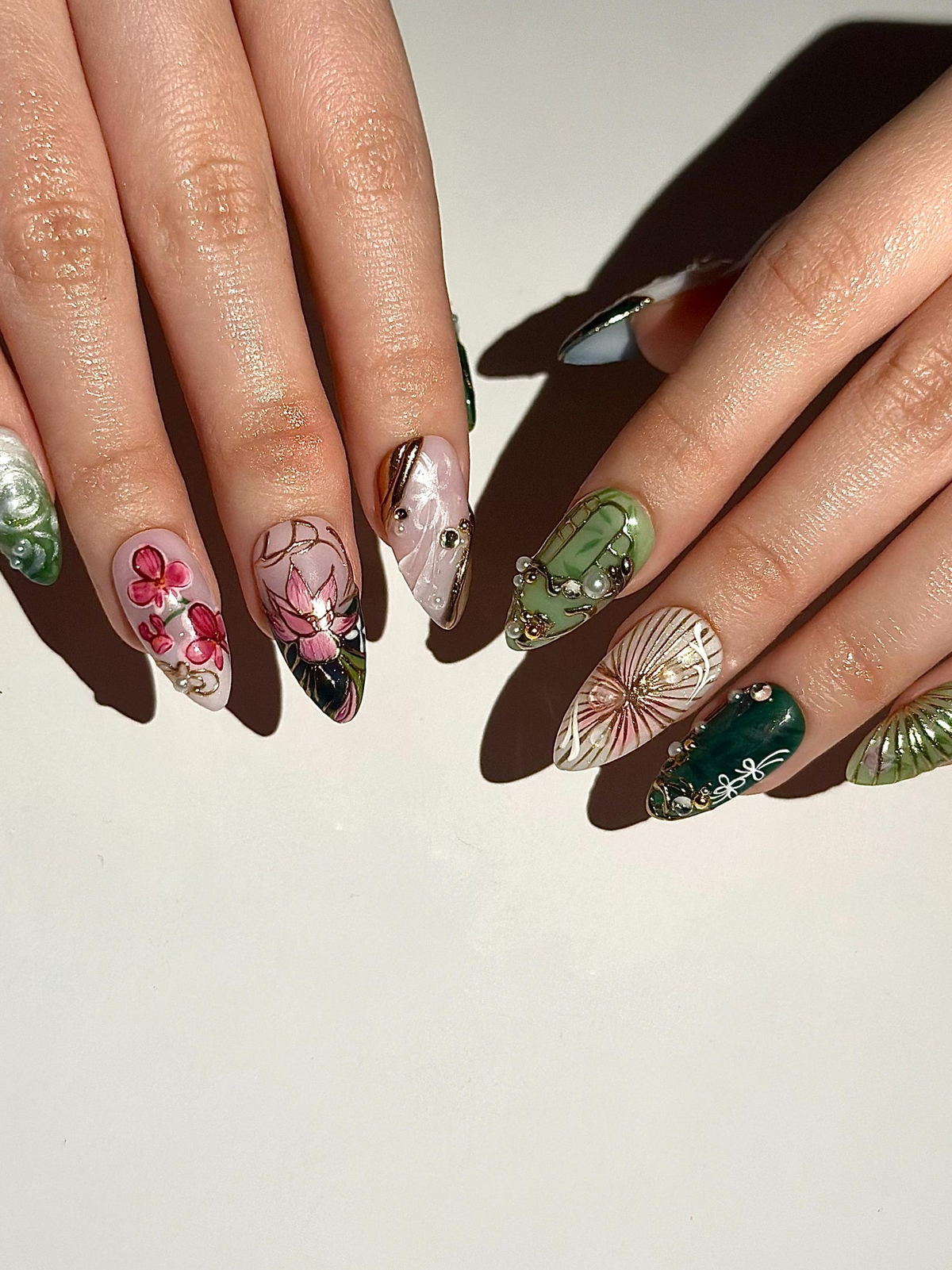 Asian Inspired Luxury Press On Nails | Jade Green Gold Floral Nails | Handpainted Pagoda Nail Art | Elegant Statement Press Ons | OB309HC