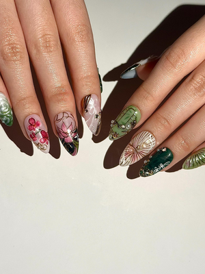 Asian Inspired Luxury Press On Nails | Jade Green Gold Floral Nails | Handpainted Pagoda Nail Art | Elegant Statement Press Ons | OB309HC