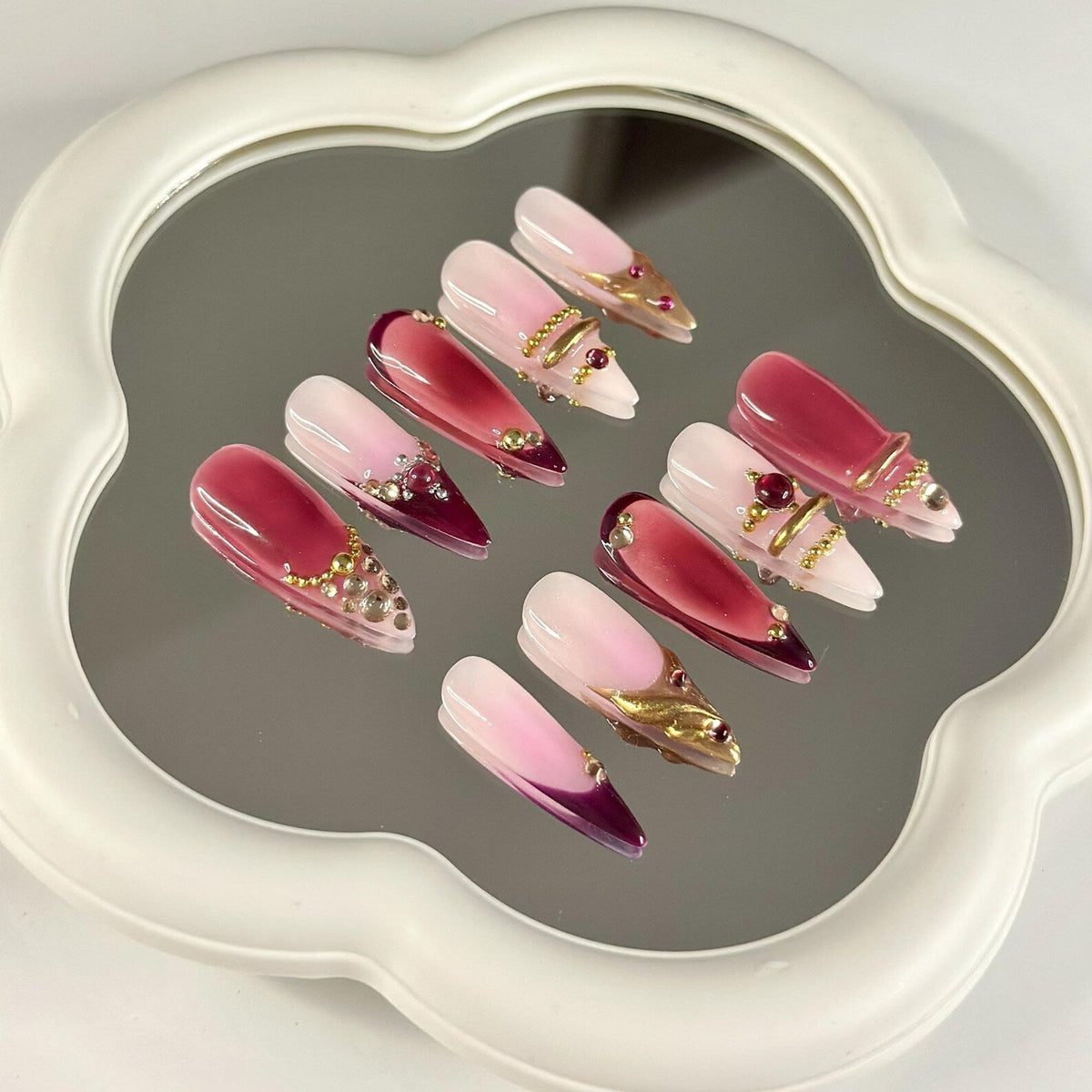 3D Gold Luxury Wine Red Press On Nails | Jelly Burgundy Ombre | Y2K Metallic Chrome Art | Statement Wedding Party | OB1351DG