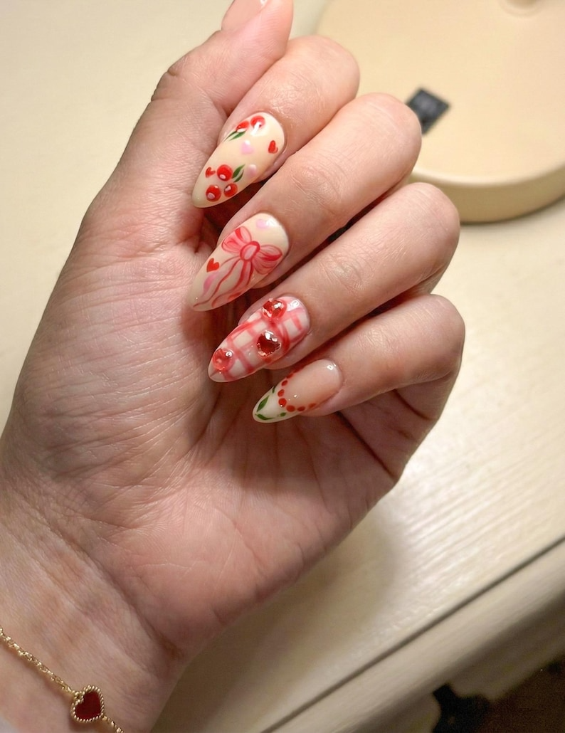 Press On Nails Adhesive Tabs – Cherry Heart & Pink Ribbon Nude Press On Nails, Handmade Valentine Fake Nails Sweet Romantic Nail Art | OB24L