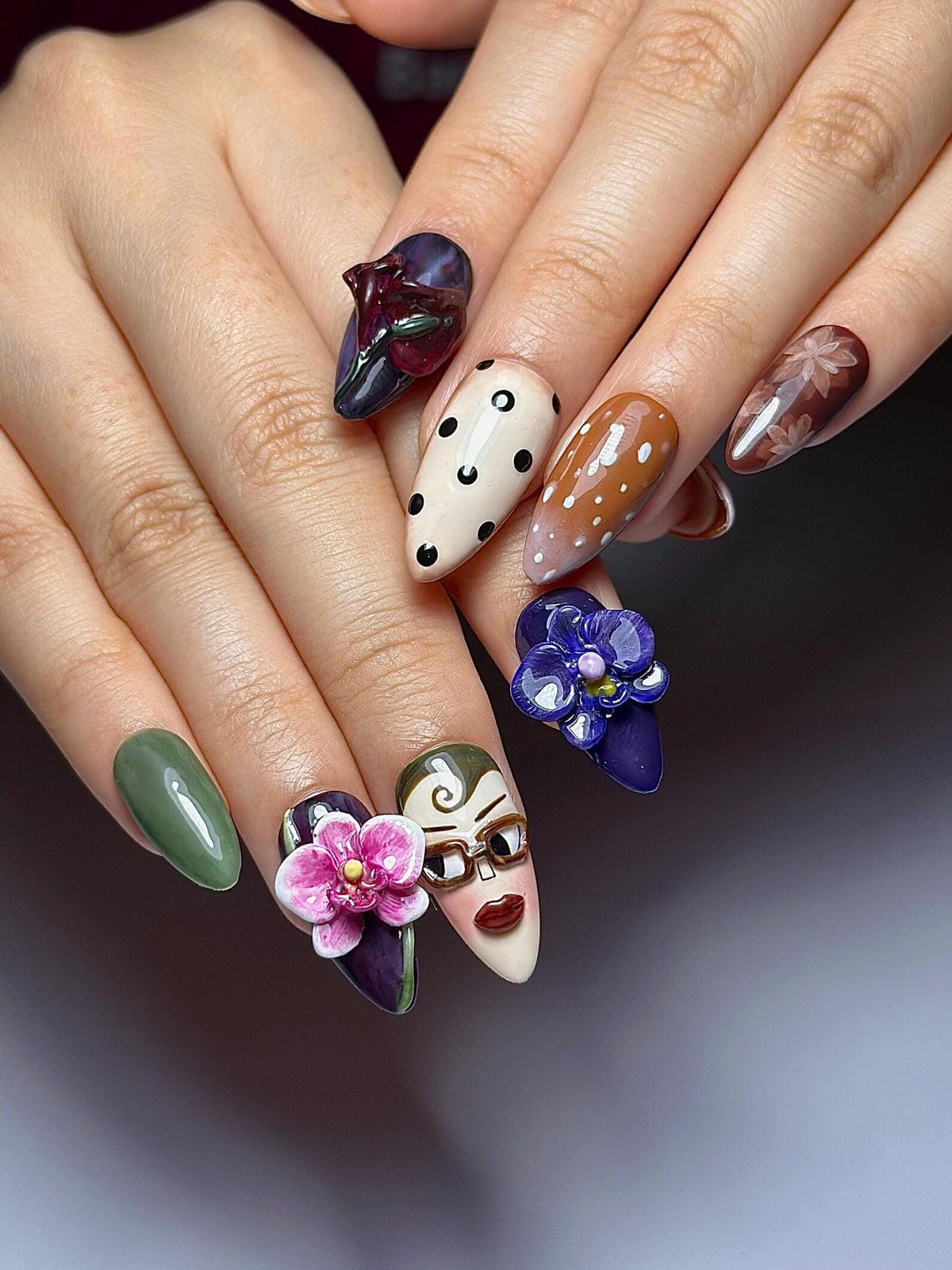 Vintage Doll Face Press On Nails | Abstract Portrait Nail Art | 3D Orchid Nails |Indie Fashion Aesthetic Press Ons |Handmade Nails | OB382HK