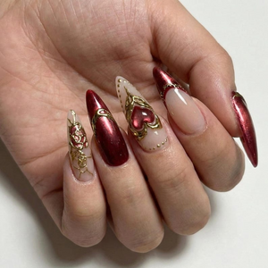 Press On Nails Adhesive Tabs – Nude Burgundy Gold Heart & Rose Chrome Long Stiletto Handmade Fake Nails for Luxury Romantic Look | OB25L