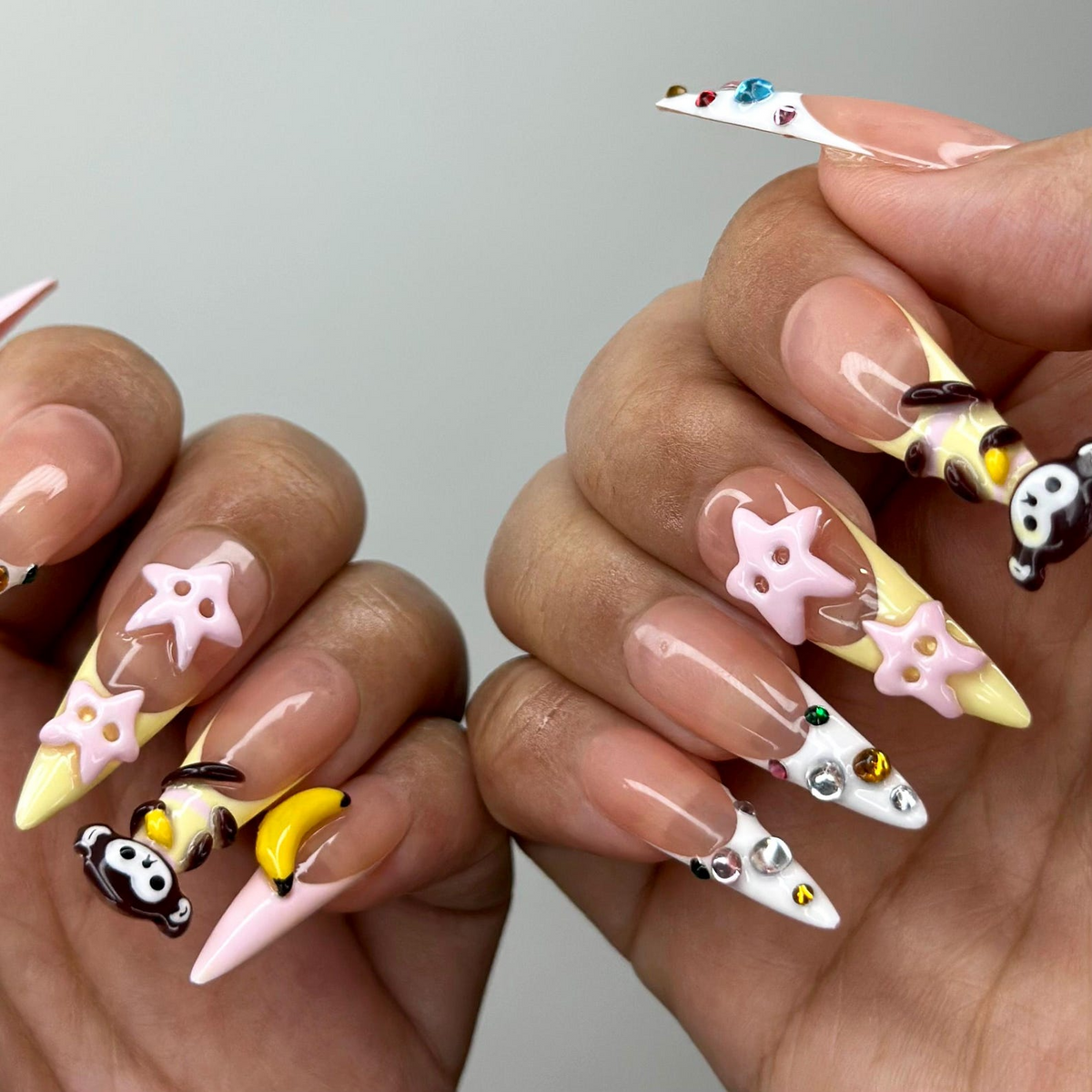 3D Monkey Banana Press On Nails | Cute Pink Star & Fruit Fake Nails | Kawaii Handmade Nail Art | Playful Cute Nails | Cartoon Nails |OB255YC