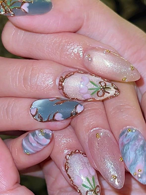 Vintage Tulip Press On Nails, Sage Green and Pink Marble Nails with Gold Rose Frame, Elegant Floral Hand-Painted Custom Nails, OB307HK