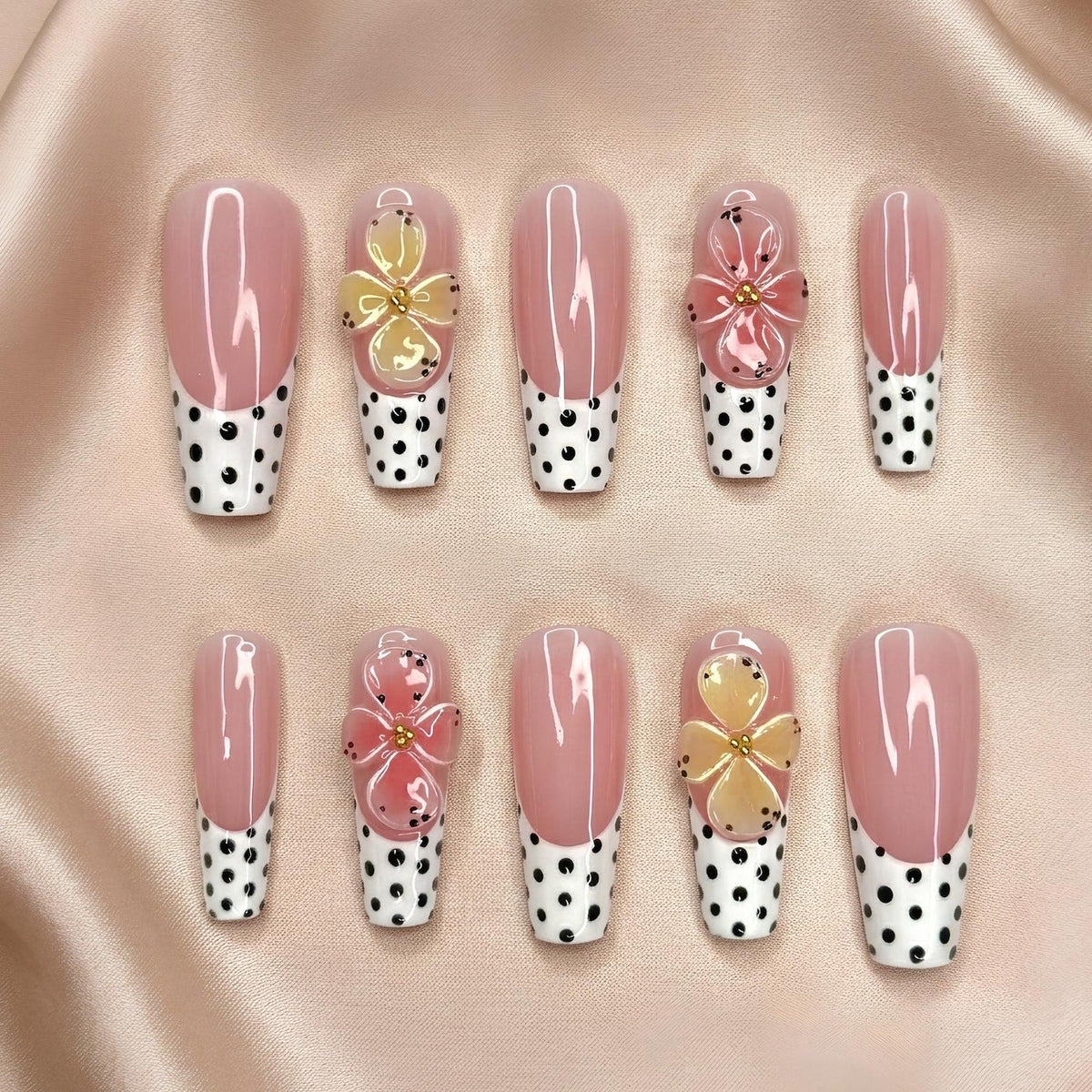 Retro Polka Dot Press On Nails | 3D Floral French Tip | Y2K Pastel Summer Nails | Bold Party Vacation | Custom Shape Handmade Set | OB1353DK