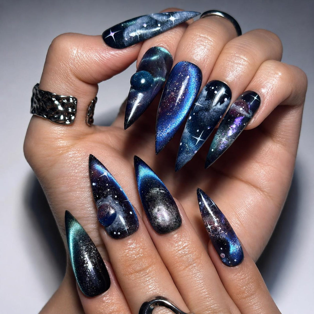 Galaxy Space Press On Nails Long Stiletto • 3D Planet Art • Nebula Milky Way Handpainted Stars • Festival Rave Party • OB1362LG