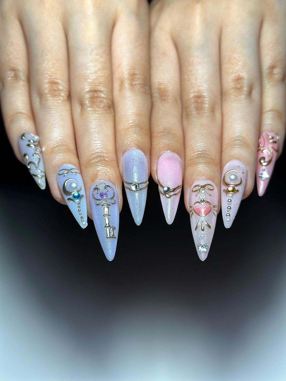 Pastel Cat Eye Press On Nails | Pink Purple Ombre Nails | Cute Heart Bow Nail Art | Elegant Gold Detail Nails| Fairycore Press Ons| OC1307HC