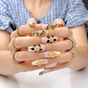 Cheetah Leopard Print Fake Nails • Gold Cross Pearl Charm Coffin Shape • Reusable Glue On Nails • Vacation Party Gift for Her • OB438ZG