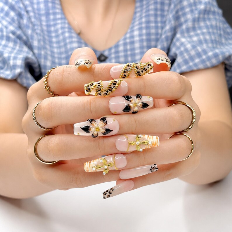 Cheetah Leopard Print Fake Nails • Gold Cross Pearl Charm Coffin Shape • Reusable Glue On Nails • Vacation Party Gift for Her • OB438ZG
