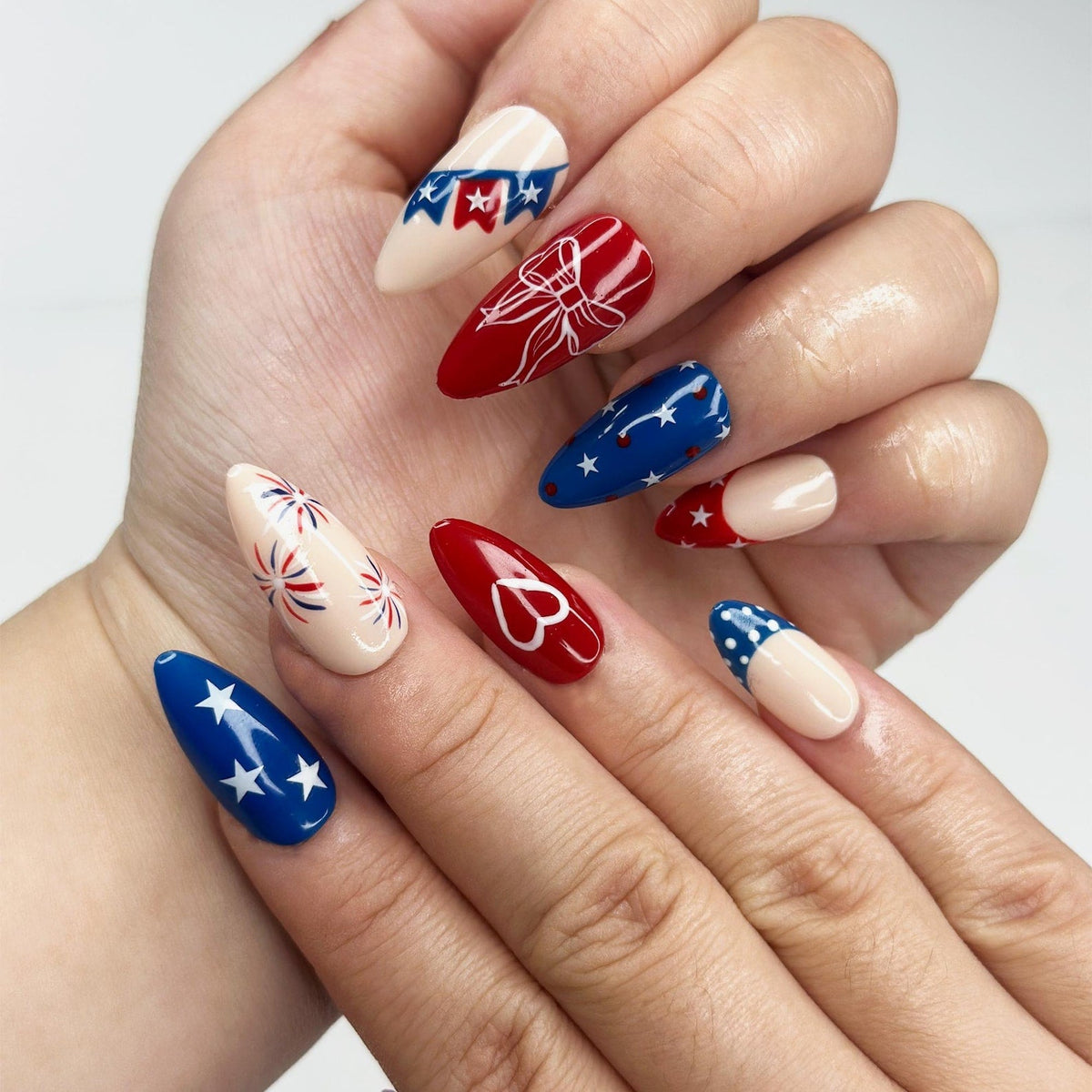 4th of July Press On Nails | Handpainted Patriotic USA Flag Almond Nails | OB398LK