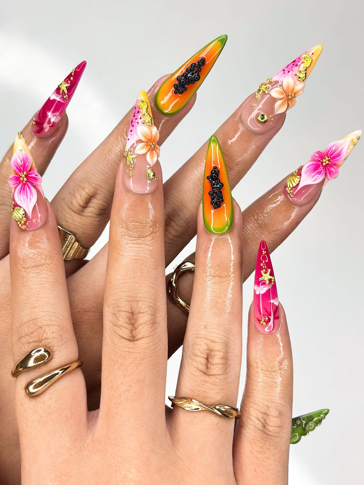 3D Tropical Papaya & Ocean Nails | Summer Starfish Seahorse Press Ons | Juicy Fruit Botanical Luxury Stiletto Art | OB368IC