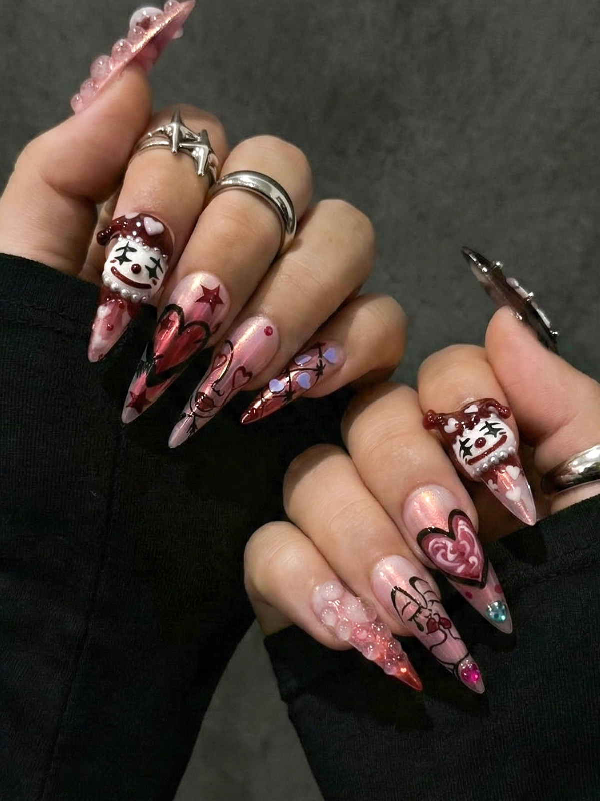 Gothic Valentine Clown Heart Press On Nails for Dark Romance Girls, Handmade Long Pink Chrome Fake Nails, Alternative Love Nail,OB278EC