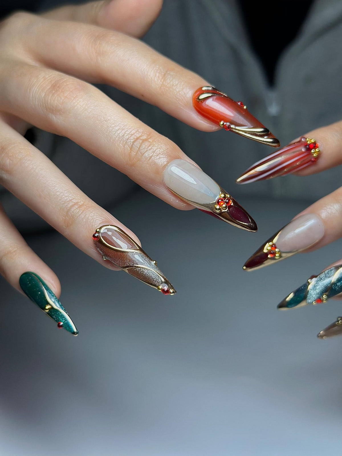 Chrome Glam Press On Nails | Red Green Gold Luxury Nails | Festive Glitter Stiletto Nails | Handmade Elegant Press Ons | OC1047HC
