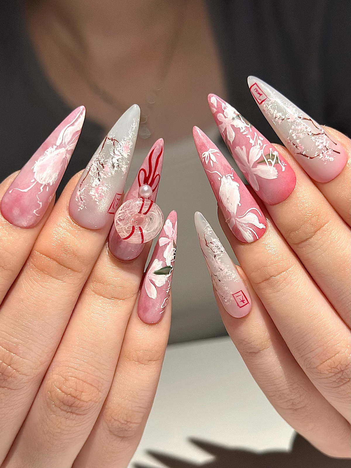 Pink Blossom Press On Nails | Pink Jelly Floral Nails | Asian Flower Nails | Romantic Spring Nails | Handmade Stiletto Press Ons | OB312HC