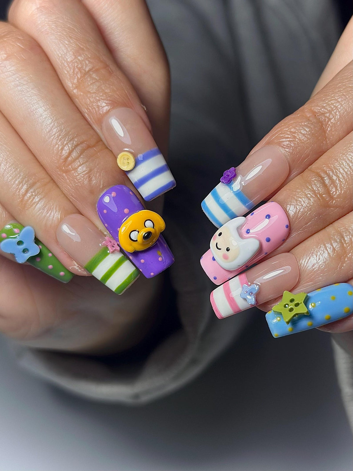 Adventure Time Press On Nails | Finn & Jake Cartoon Nails | Cute Kawaii Character Nail Art | Colorful 3D Nails | Fun Press Ons | OB331HC