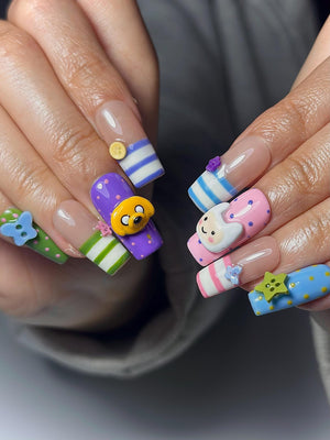 Adventure Time Press On Nails | Finn & Jake Cartoon Nails | Cute Kawaii Character Nail Art | Colorful 3D Nails | Fun Press Ons | OB331HC