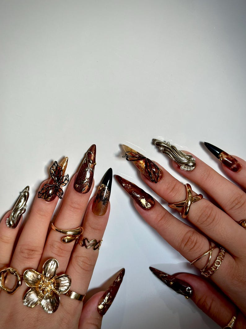 Autumn Butterfly Press On Nails | Luxury Handmade Brown Nails | Nature Inspired Stiletto Press Ons | Elegant Butterfly Design | OB168HC