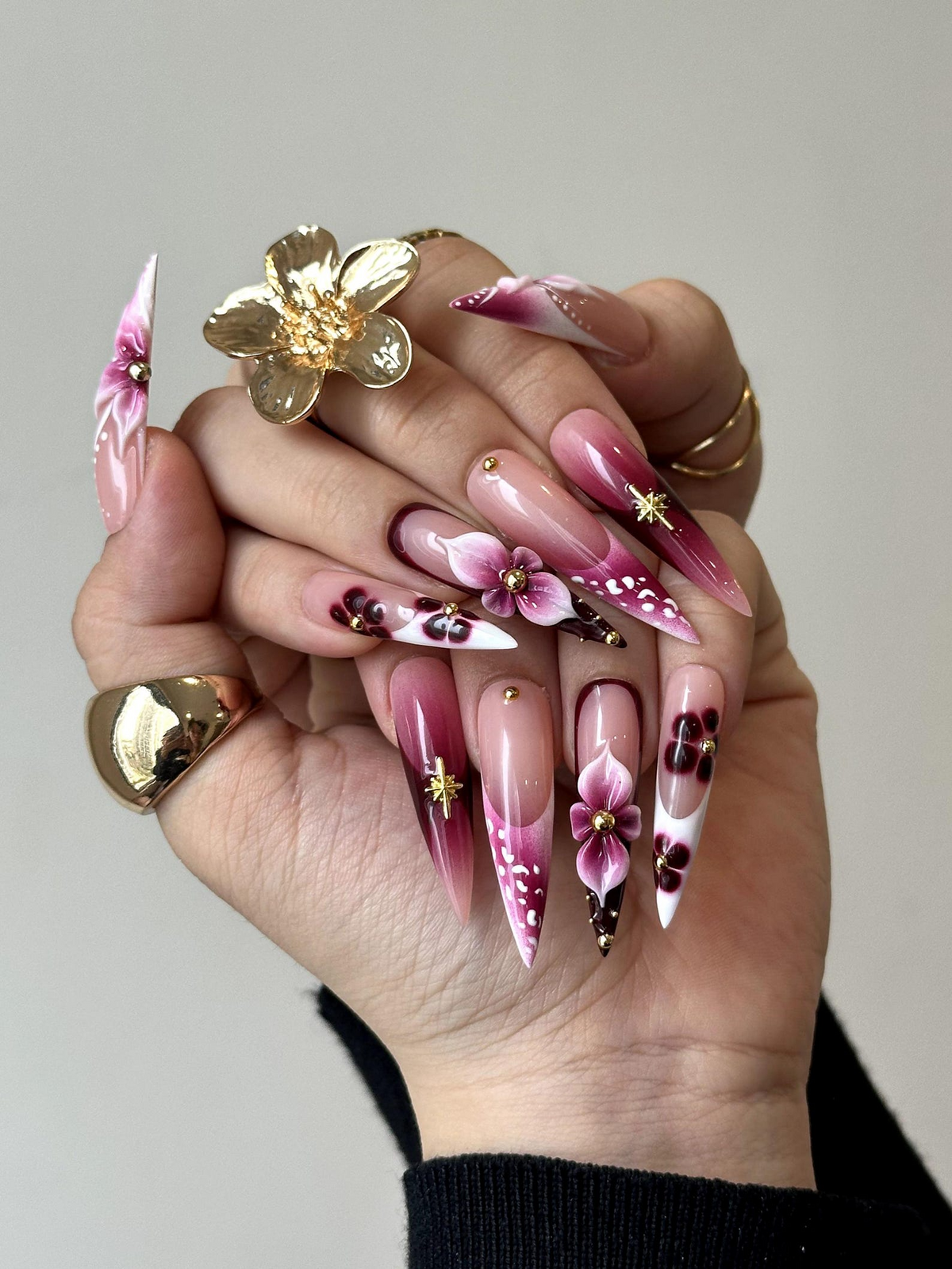 Elegant Floral Press On Nails | 3D Floral Ombre Nails | Burgundy & Pink Gradient Nail Art | Luxury Handmade Press Ons | OC881HC