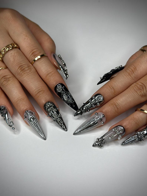 Gothic Silver Sword Press On Nails | 3D Cross & Dagger Nail Art | Handmade Dark Fantasy Nails | Medieval Armor Inspired Press Ons | OB159HK