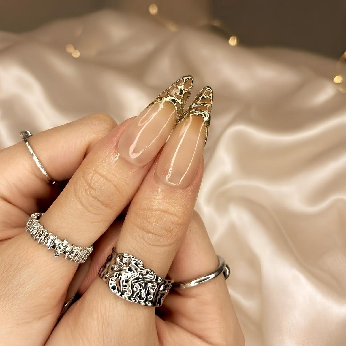 Gold Sun Pearl Press On Nails | Shiny Jelly Brown Nails | Luxury Gold Swirl Art | Bold Party Night | Elegant Prom Wedding Set | OB95DK