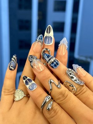 Winter Midnight Spark Press On Nails | Blue Chrome Nail Art | Silver Star 3D Nails | Elegant Winter Press Ons | OB214EC