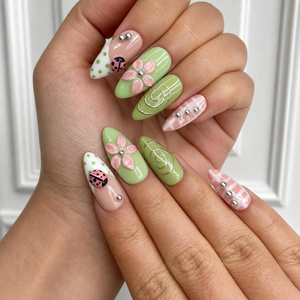 Ladybug Press On Nails Almond • Spring Garden Gift • Pink Green 3D Flower Cute Kawaii Handmade Fake Nails Reusable Set Floral Gift | OB428LG