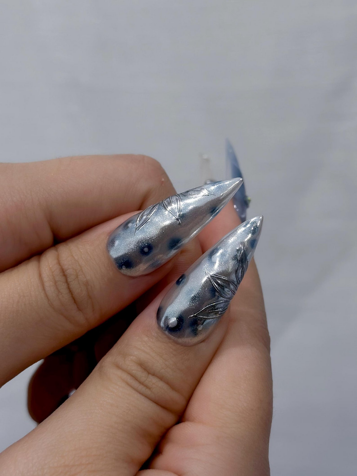 Blue Marble Blossom Press On Nails for Spring Blue | Handmade Nude & Sapphire Nails with Floral Art | Elegant Stiletto Nail Design |OB2890EC